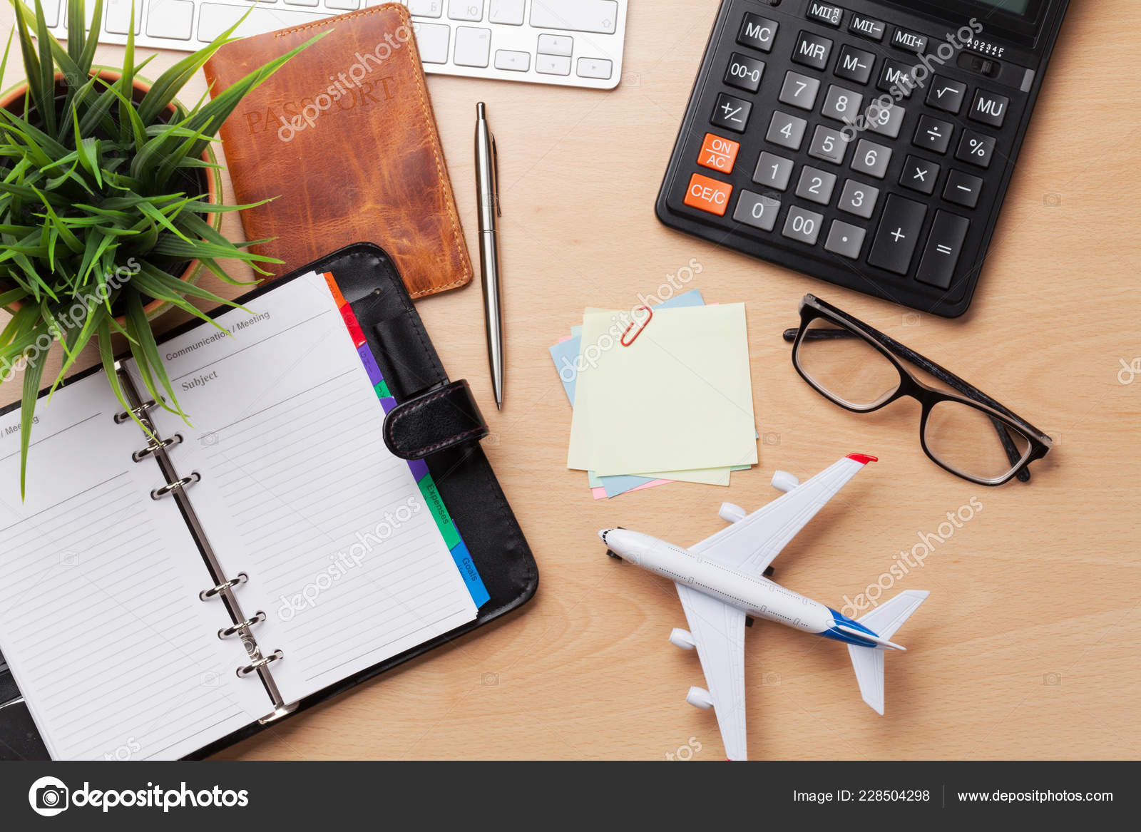 Business Trip Concept Accessories Desk Table Keyboard Passport