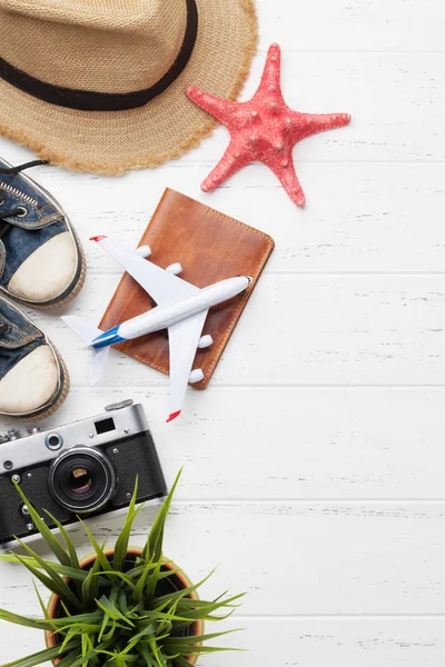 Travel Vacation Background Concept Hat Camera Passport Airplane Toy Wooden — Stock Photo, Image