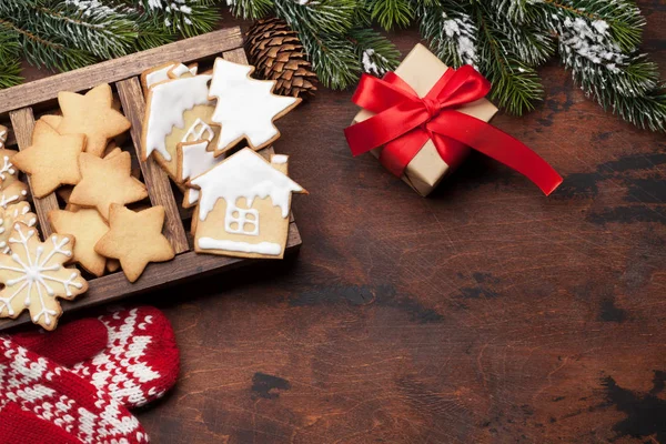 Natal Cartão Saudação Com Biscoitos Gengibre Xmas Caixa Presente — Fotografia de Stock