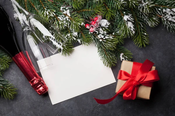 Kerstkaart Met Champagne Doos Van Gift Van Xmas Fir Tree — Stockfoto