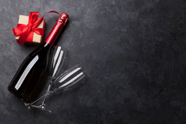 Champagne Natale San Valentino Confezione Regalo Sfondo Pietra Vista Dall — Foto Stock