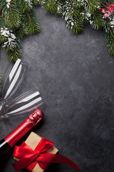 Kerstkaart Met Champagne Doos Van Gift Van Xmas Fir Tree — Stockfoto