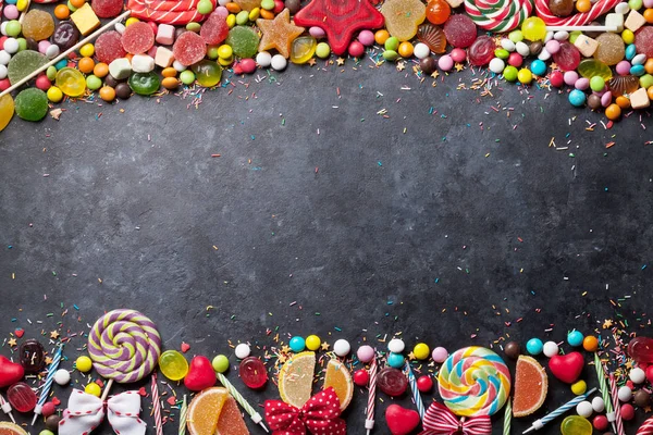 Bunte Süßigkeiten Lutscher Makronen Eibisch Marmelade Und Bonbons Draufsicht Mit — Stockfoto