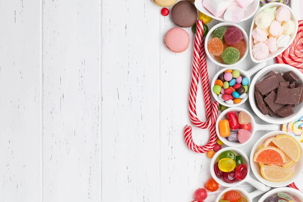 Πολύχρωμο Γλυκά Γλειφιτζούρια Αμυγδαλωτά Marshmallow Μαρμελάδα Σοκολάτα Και Ζαχαρωτά Top — Φωτογραφία Αρχείου