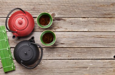 Bitkisel yeşil çay ve çaydanlıklar. Metin alanı olan üstten görünüm