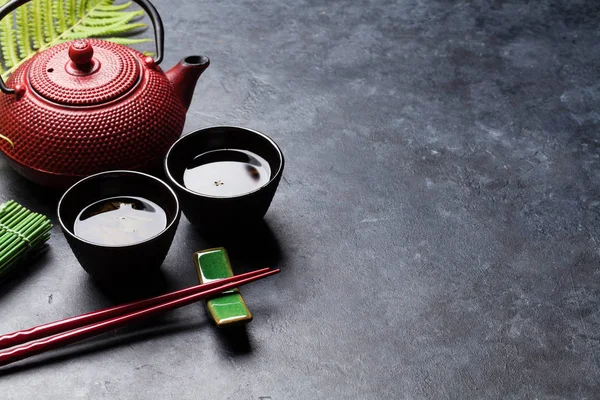 Zelený Čaj Sushi Hůlkami Sada Japonské Jídlo Prostorem Pro Váš — Stock fotografie