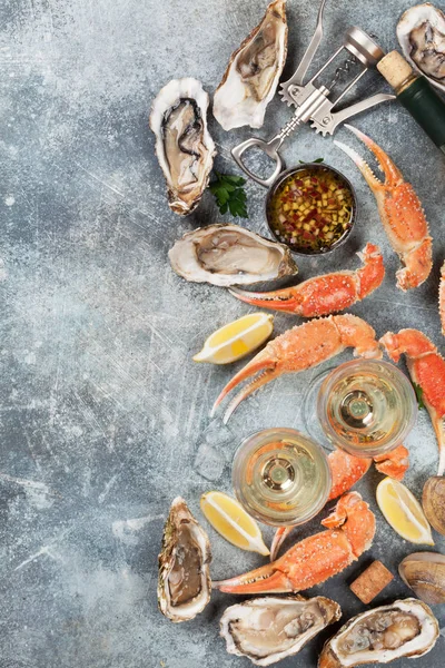 Seafood Oysters Lobster Clams White Wine Top View Stone Table — Stock Photo, Image