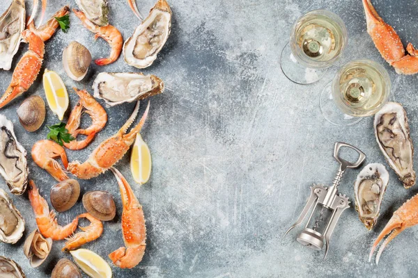 Seafood Oysters Lobster Clams White Wine Top View Stone Table — Stock Photo, Image