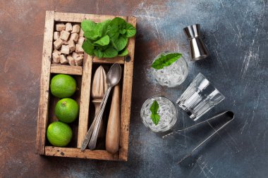 Mojito kokteyl malzemeler ve bar aksesuarları kutusu. Üstten görünüm