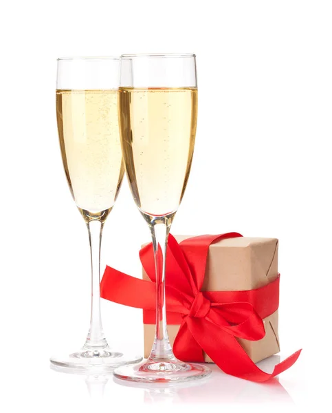 Valentines Day Gift Box Champagne Glasses Isolated White Background — Stock Photo, Image