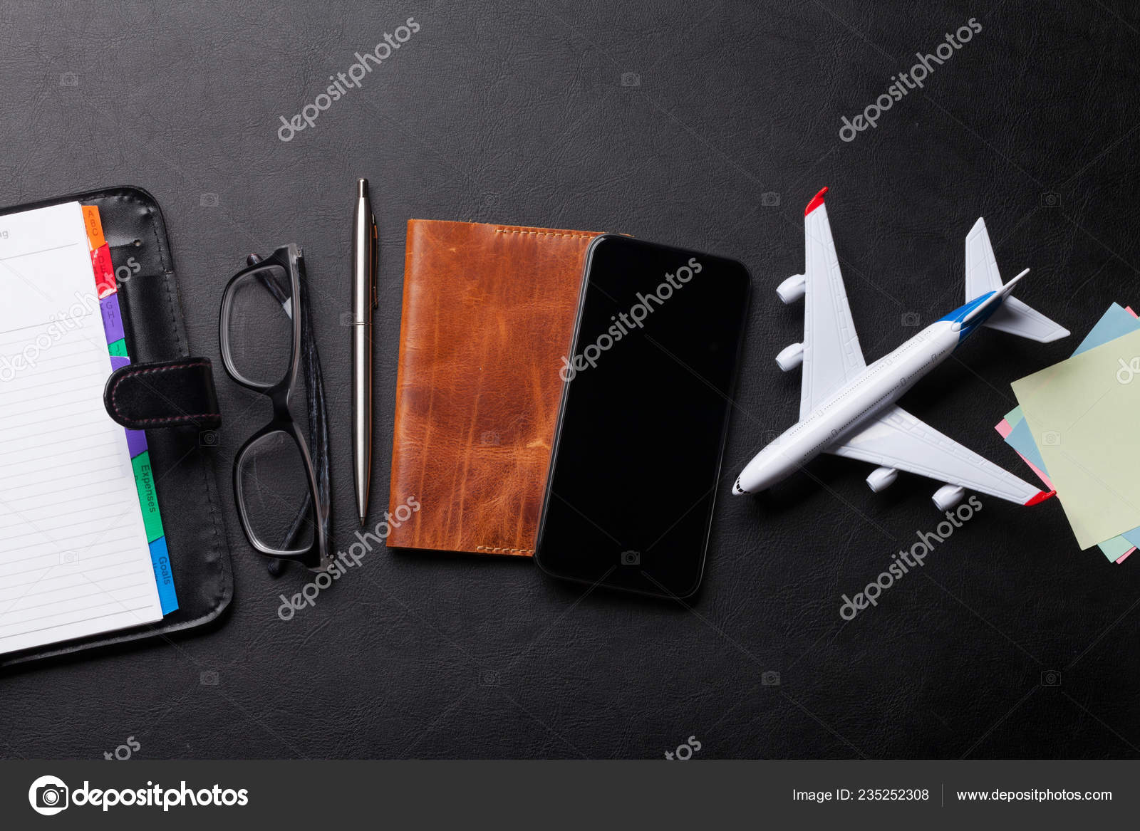 Business Trip Concept Accessories Desk Table Glasses Passport