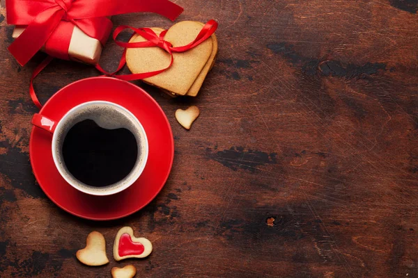 Alla Hjärtans Dag Gratulationskort Med Presentask Kaffekopp Och Hjärtat Formade — Stockfoto