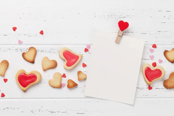 Valentine Day Greeting Card Heart Shaped Cookies Wooden Background Top — Stock Photo, Image