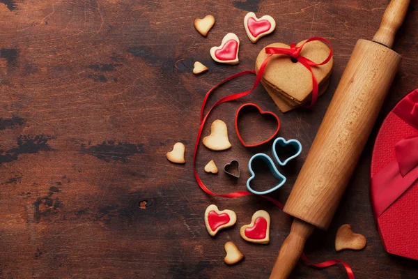 Valentine Day Greeting Card Cooking Heart Shaped Cookies Wooden Background — Stock Photo, Image