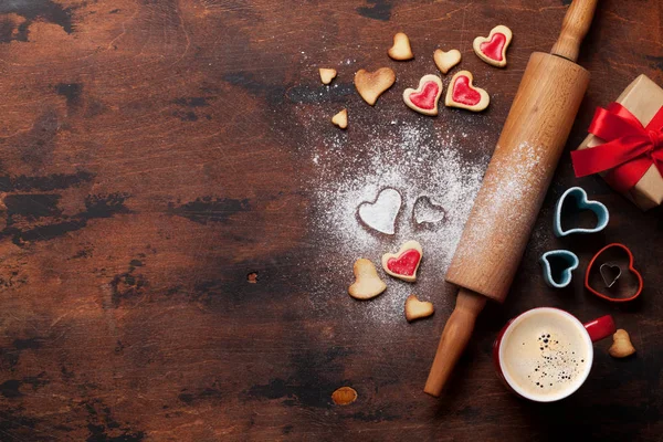 Dia Dos Namorados Cartão Saudação Com Cozinhar Biscoitos Forma Coração — Fotografia de Stock