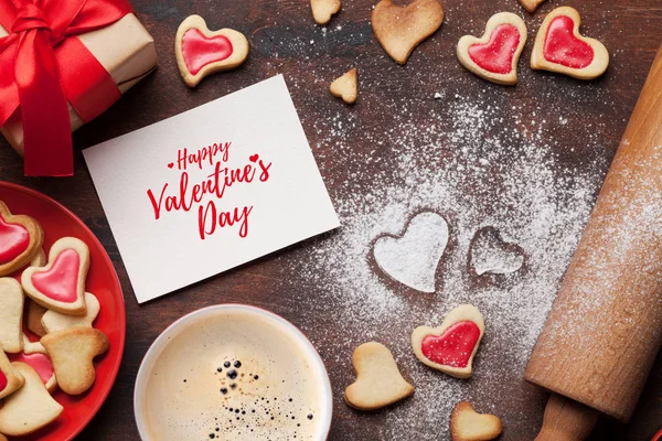 Alla Hjärtans Dag Gratulationskort Med Matlagning Hjärtat Formade Cookies Trä — Stockfoto