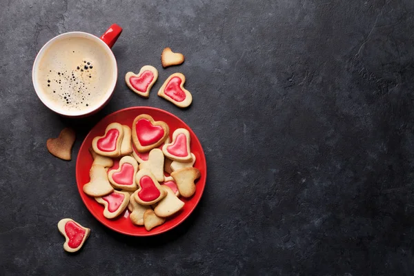 Valentine Day Greeting Card Coffee Cup Heart Shaped Cookies Stone — Stock Photo, Image