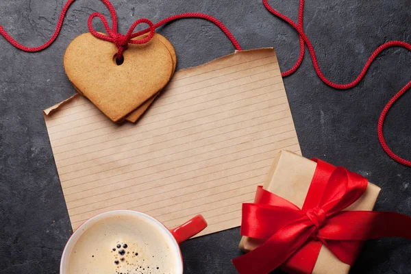 Valentine Day Greeting Card Coffee Cup Heart Shaped Cookies Stone — Stock Photo, Image