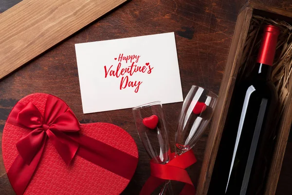 Carte Voeux Saint Valentin Avec Bouteille Vin Rouge Boîte Cadeau — Photo