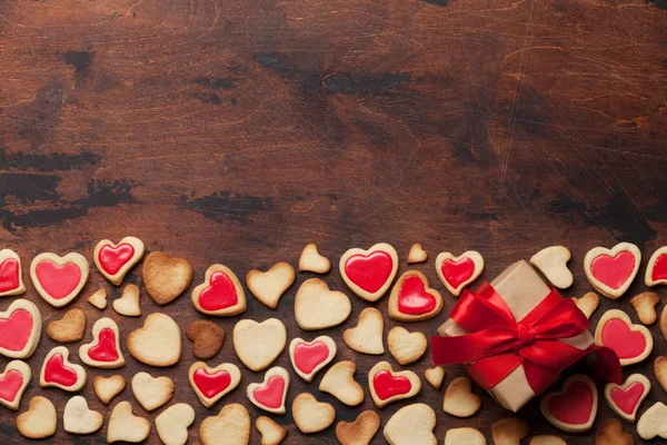 Valentine Day Greeting Card Heart Shaped Cookies Gift Box Wooden — Stock Photo, Image