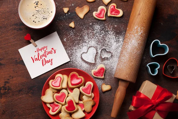 Carte Voeux Saint Valentin Avec Biscuits Forme Coeur Cuisson Sur — Photo