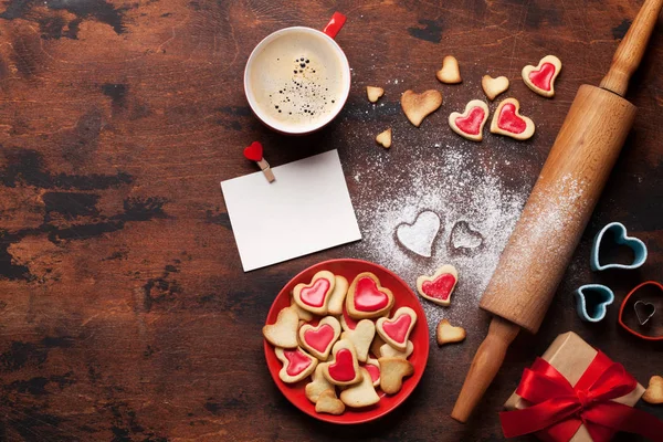 Valentine Day Greeting Card Cooking Heart Shaped Cookies Wooden Background — Stock Photo, Image