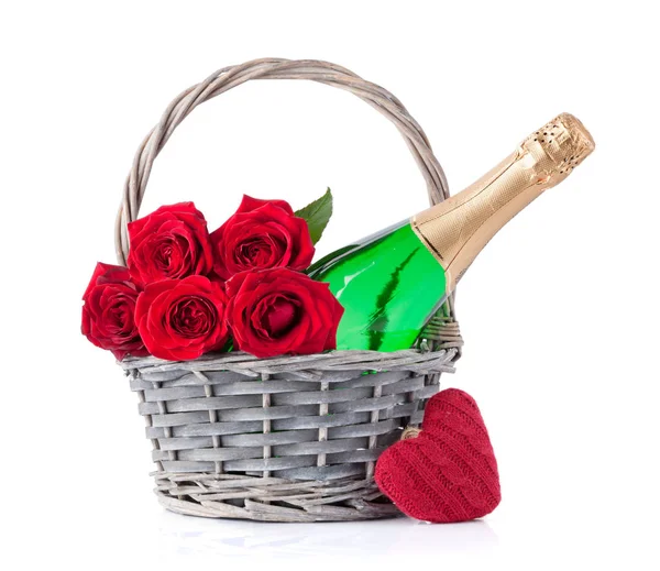 Tarjeta Felicitación San Valentín Con Rosas Rojas Champán — Foto de Stock