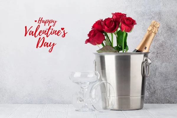 Carte Voeux Saint Valentin Avec Roses Rouges Champagne — Photo