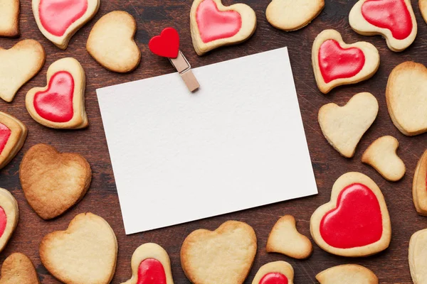 Carte Voeux Saint Valentin Avec Biscuits Forme Coeur Sur Fond — Photo