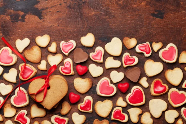 Valentine Day Greeting Card Heart Shaped Cookies Sweets Wooden Background — Stock Photo, Image