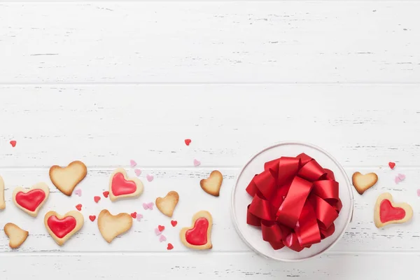 Valentine Day Greeting Card Heart Shaped Cookies Gift Box Wooden — Stock Photo, Image