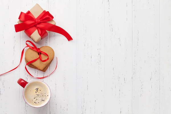 Valentine Day Greeting Card Coffee Cup Heart Shaped Cookies Wooden — Stock Photo, Image