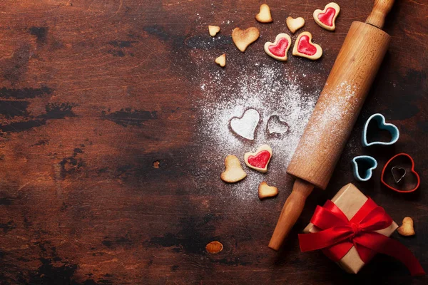 Valentine Day Greeting Card Cooking Heart Shaped Cookies Wooden Background — Stock Photo, Image