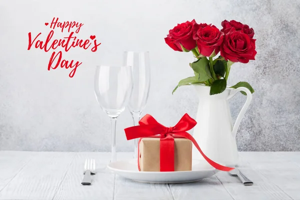 Carte Voeux Saint Valentin Avec Bouquet Fleurs Roses Rouges Décor — Photo