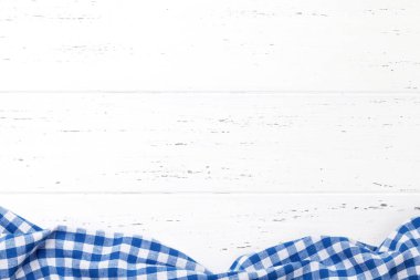 Ahşap masa mutfak havlu veya peçete ile yemek. Yemek veya tarifi için alan ile üstten görünüm