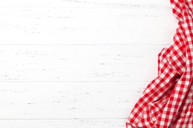 Ahşap masa mutfak havlu veya peçete ile yemek. Yemek veya tarifi için alan ile üstten görünüm