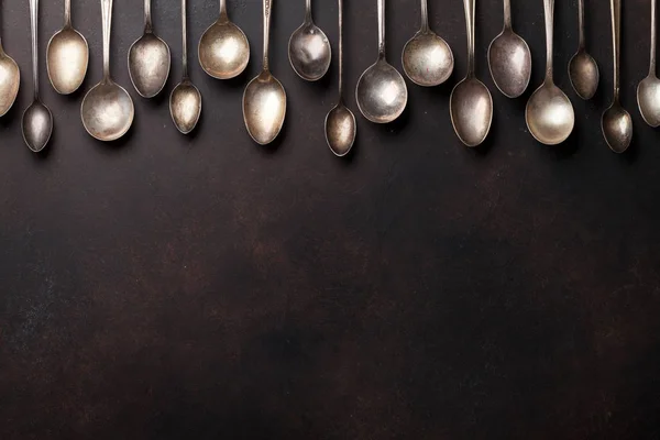 Old Vintage Spoons Stone Table Top View Copy Space — Stock Photo, Image