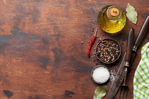 Various Spices Herbs Cooking Utensils Wooden Background Top View Space — Stock Photo, Image