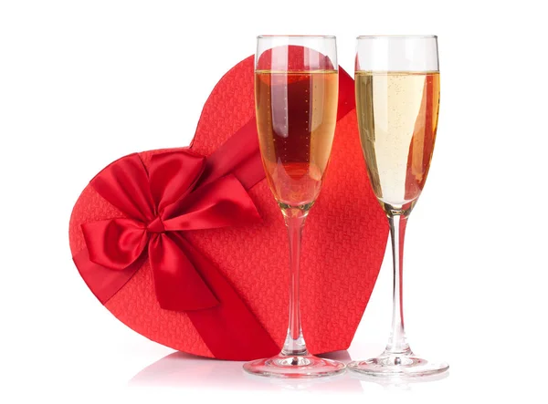 Valentines Day Gift Box Champagne Glasses Isolated White Background — Stock Photo, Image