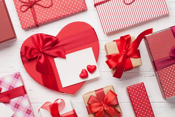 Valentine Day Greeting Card Heart Gift Boxes Wooden Background — Stock Photo, Image