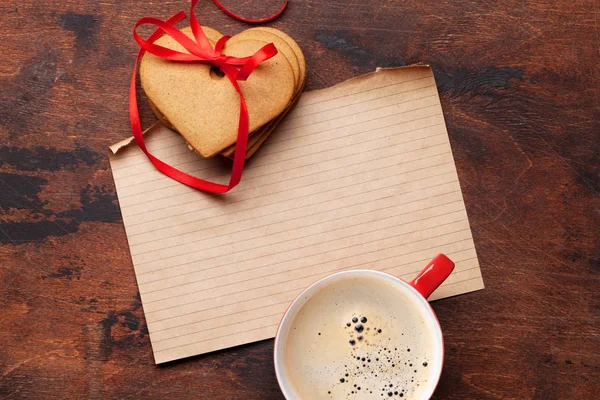 Cartão Saudação Dia Dos Namorados Com Xícara Café Biscoitos Forma — Fotografia de Stock