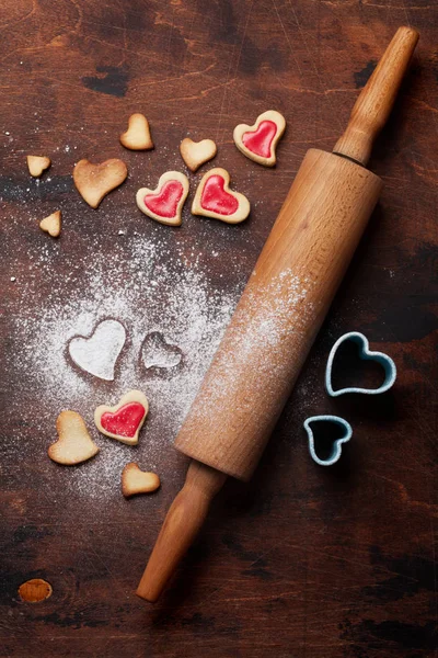 Carte Voeux Saint Valentin Avec Biscuits Forme Coeur Cuisson Sur — Photo