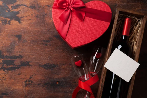 Aftelkalender Voor Valentijnsdag Wenskaart Met Rode Wijn Fles Cadeau Doos — Stockfoto