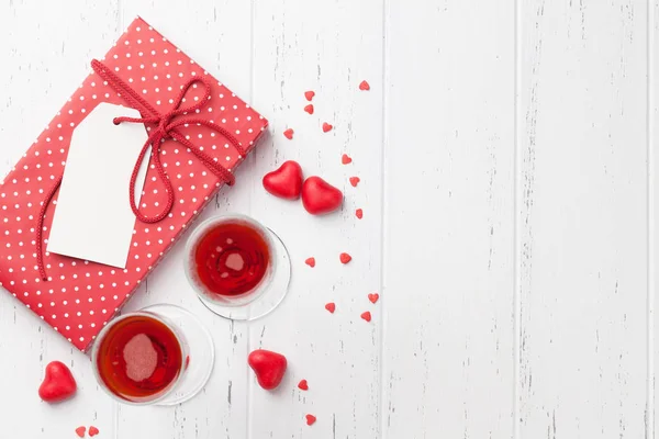 Dia Dos Namorados Cartão Saudação Com Champanhe Rosa Caixa Presente — Fotografia de Stock