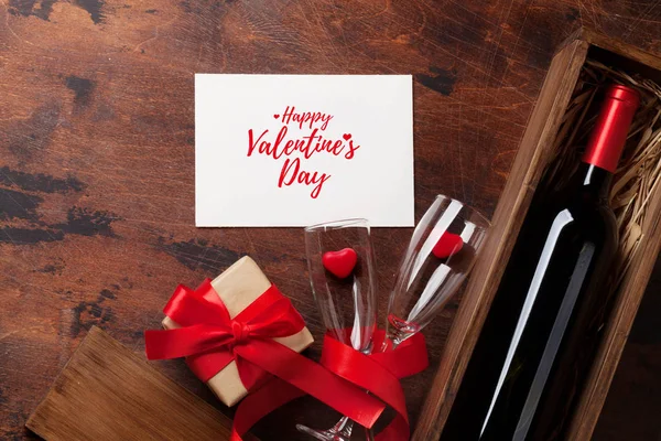 Carte Voeux Saint Valentin Avec Bouteille Vin Rouge Boîte Cadeau — Photo