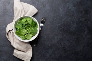 Taze Bahçe ıspanak salata kasesi taş masada. Kopya alanı ile Üstten Görünüm