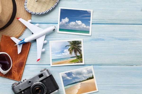 Travel Vacation Background Concept Sun Hat Camera Passport Airplane Toy — Stock Photo, Image