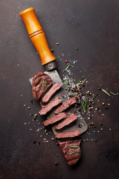 Cuchilla Superior Denver Filete Parrilla Sobre Cuchillo Carnicero Carne Vista —  Fotos de Stock