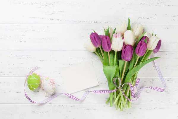 Easter Greeting Card Tulip Flowers Bouquet Easter Eggs Top View — Stock Photo, Image