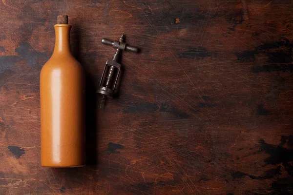 Bottiglia Vino Vintage Vecchio Cavatappi Sul Tavolo Legno Vista Dall — Foto Stock